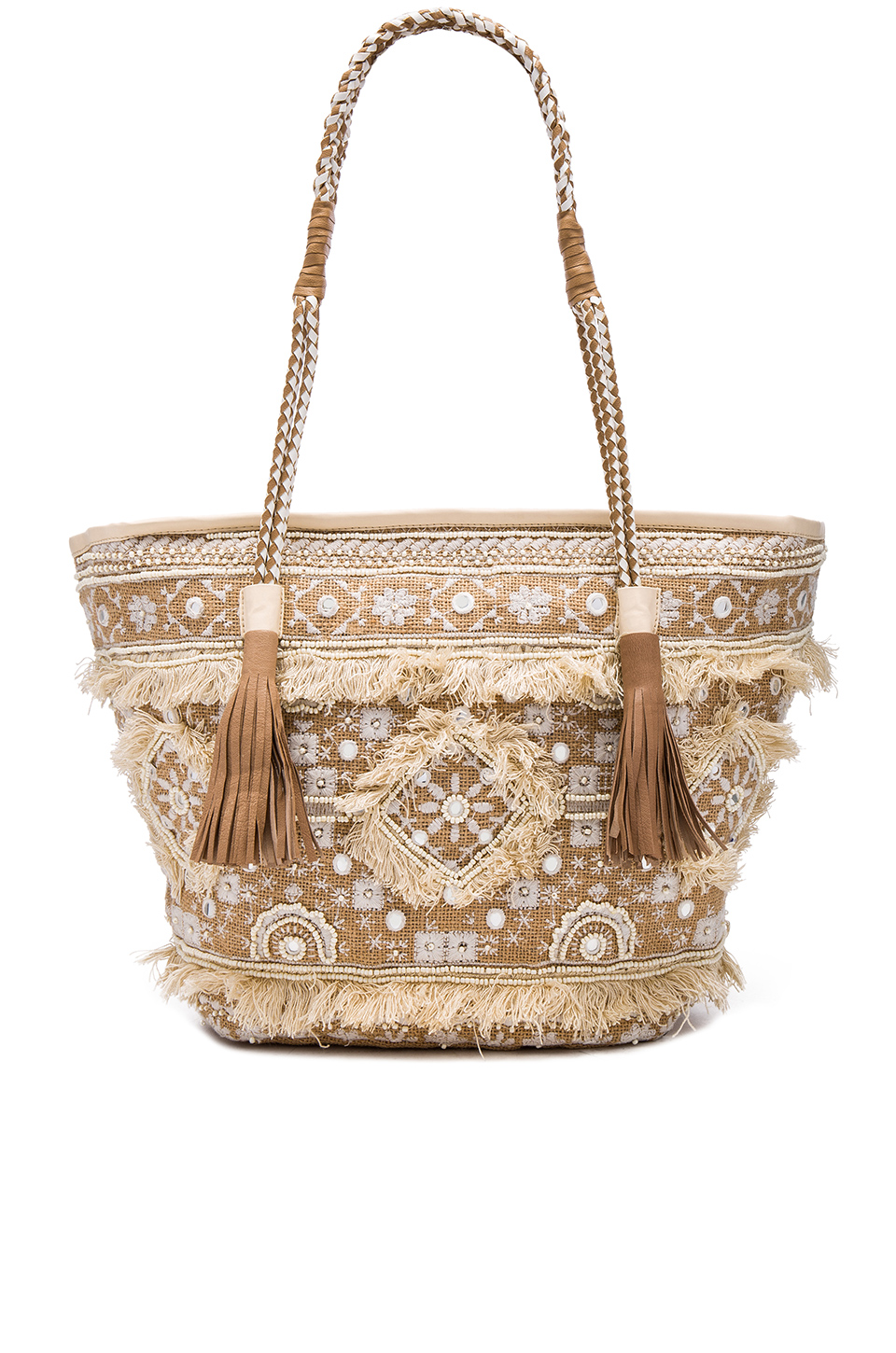 SHASHI Embroidered Beaded Belly Tote Fringe Trim trendy straw totes summer 2016