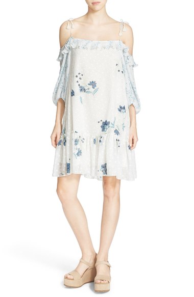 See by Chloé Off the Shoulder Floral Print Georgette Dress Off White cold shoulder dresses spring candace rose