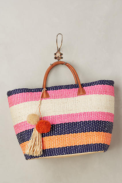 Stripe Pomaria Straw Tote Pom Pom Accents trendy straw totes summer 2016