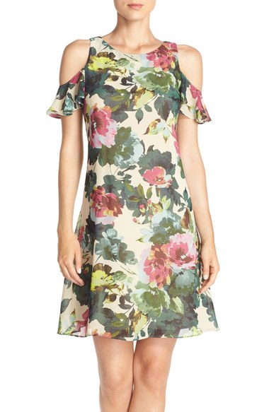 Taylor Dresses Cold Shoulder Floral Print Chiffon Trapeze Dress Moss Tan cold shoulder dresses nordstrom