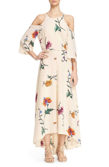 Tibi 'Bella' Floral Print Open Back High Low Hem Dress Opal Beige Multi cold shoulder dresses spring nordstrom