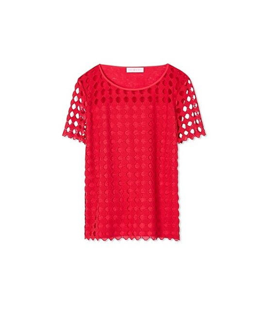 Tory Burch LINEN JERSEY & LACE T-SHIRT Spark Red tory burch memorial day sale