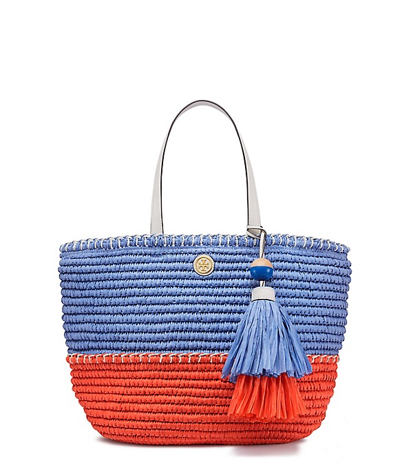 Tory Burch STRAW SMALL TOTE Blue Dusk Poppy Red trendy straw totes summer 2016
