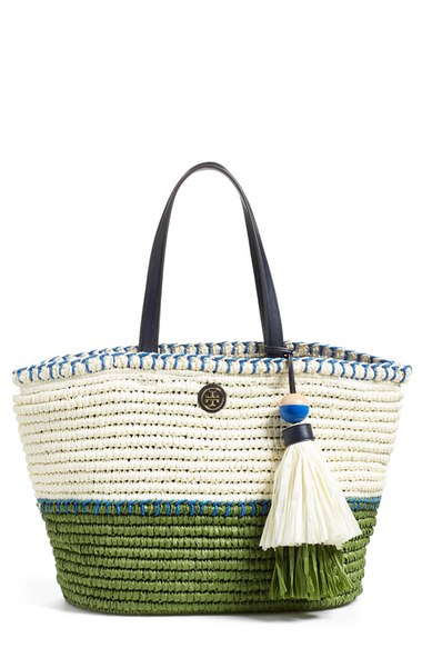 Tory Burch 'Small' Colorblock Straw Tote Natural Vineyard Bondi Blue trendy straw totes summer 2016