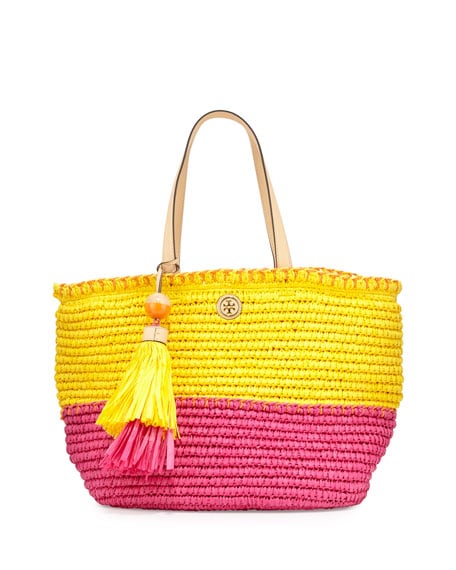 Tory Burch Small Straw Tote Bag Sunbeam/Orange Crush/Fiesta trendy straw totes summer 2016