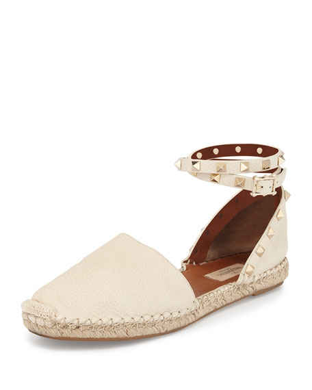 Valentino Rockstud Leather Ankle-Wrap Espadrille Light Ivory espadrille flats for spring 2016