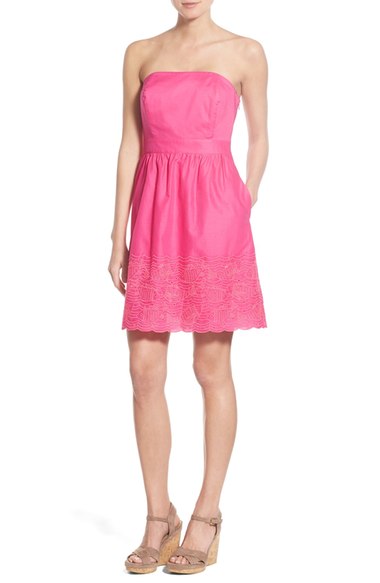 eyelet dresses for spring 2016 Vineyard Vines Fish Embroidered Cotton Strapless Dress Eyelet Trim Pink