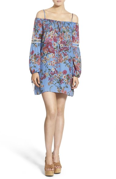 Wayf Cold Shoulder Floral Print Shift Dress Blue Botanical cold shoulder dresses spring candace rose