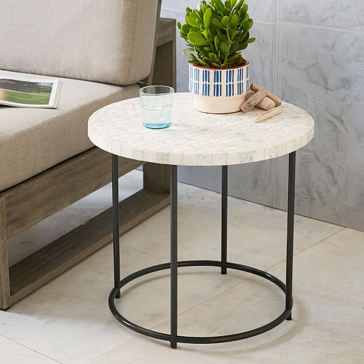 West Elm Mosaic Tiled Side Table - White Marble Top + Metal Base west elm outdoor furniture sale