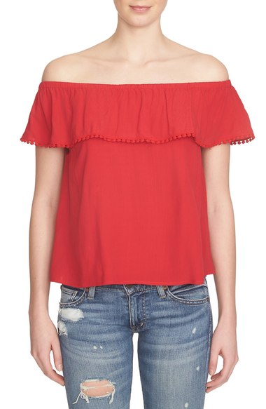 1.State Ruffle Off the Shoulder Top Pompom Trim Red Salsa casual off the shoulder tops for summer