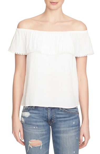 1.State Ruffle Off the Shoulder Top Pompom Trim White casual off the shoulder tops for summer