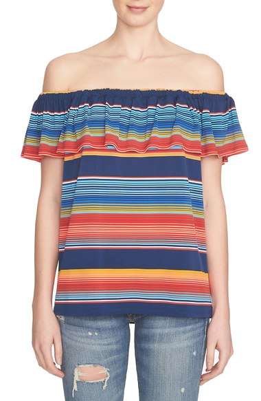 1.State Stripe Ruffle Off the Shoulder Top Military Navy Red casual off the shoulder tops for summer