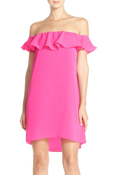 A by Amanda 'Joanna' Ruffle Off-the-Shoulder Shift Dress Hot Pink Light off the shoulder dresses summer wedding guest season