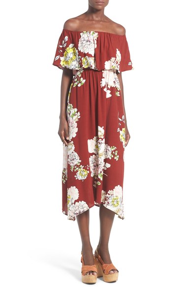 ASTR 'Carmen' Floral Print Off The Shoulder Midi Dress Rust Multi Floral popover dresses summer wedding guest season