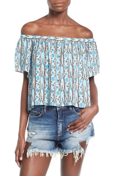 ASTR Mixed Print Off the Shoulder Top Blue Floral Stripe casual off the shoulder tops for summer