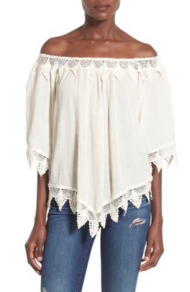 ASTR 'Seville' Lace Trim Off the Shoulder Top Cream casual off the shoulder tops for summer