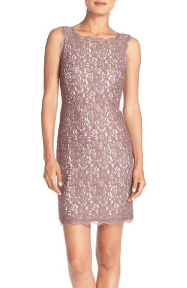 Adrianna Papell Boatneck Lace Sheath Dress (Regular & Petite) Cappuccino Ivory summer wedding guest sheath dresses