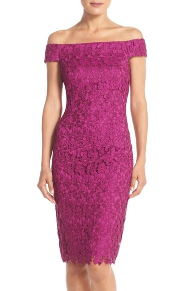 Adrianna Papell Off the Shoulder Lace Sheath Dress Crushed Berry summer wedding guest sheath dresses