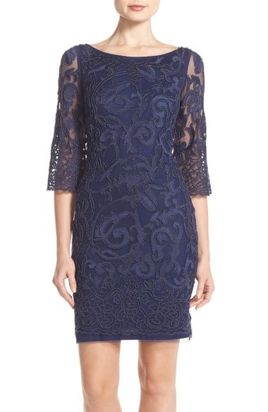 Aidan Mattox Beaded Mesh Sheath Dress Navy Blue summer wedding guest sheath dresses