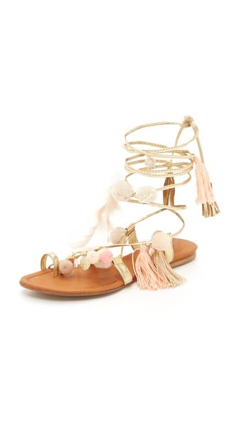 Alameda Turquesa Aurora Lace Up Sandals Light Pink Multi Pompoms Tassels lace-up flat sandals summer 2016
