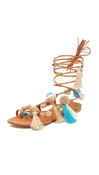 Alameda Turquesa Santorini Pom Pom Lace Up Sandals Blue Multi lace-up flat sandals summer 2016
