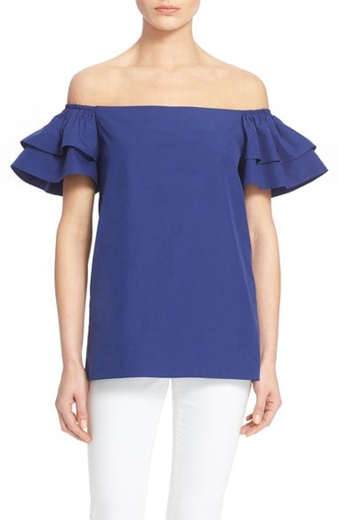 Alice + Olivia 'Loryn' Off the Shoulder Cotton Blouse Indigo casual off the shoulder tops for summer