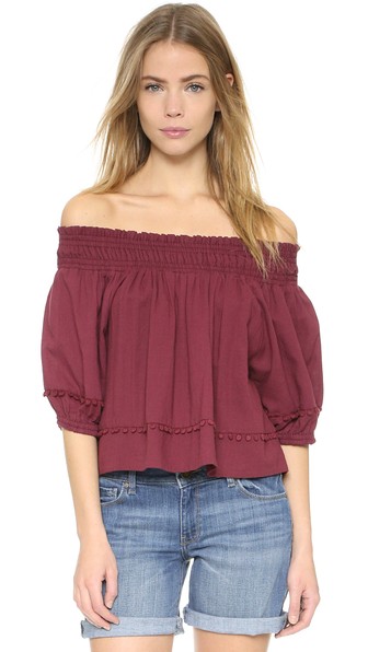 Apiece Apart Margarita Off Shoulder Top Cranberry casual off the shoulder tops for summer