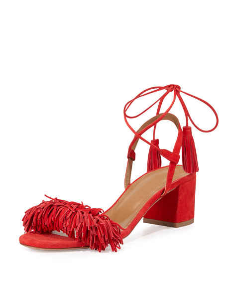 Aquazzura Wild Thing Fringe City Sandal Lipstick Red fringe heeled sandals wedding guest season