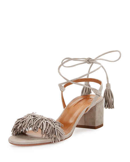 Aquazzura Wild Thing Suede 50mm Sandal Gray fringe heeled sandals summer wedding guest season