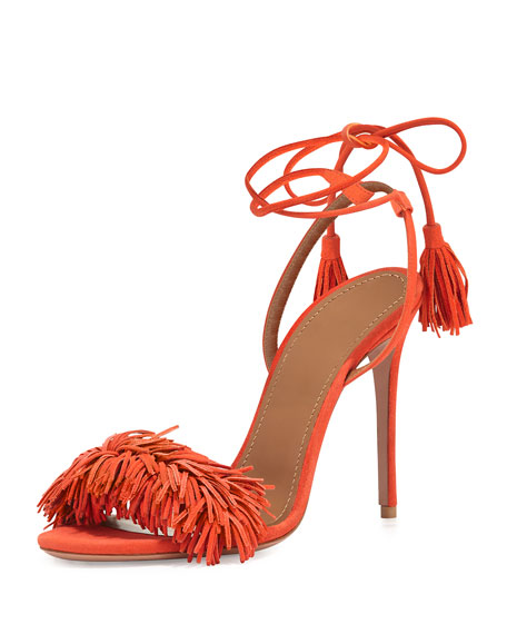 Aquazzura Wild Thing Suede Fringe Sandal Clementine fringe heeled sandals summer wedding guest season
