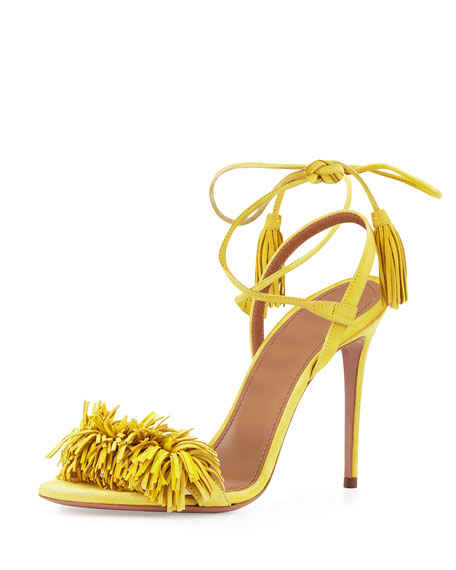 Aquazzura Wild Thing Suede Sandal Tulip Yellow fringe heeled sandals summer wedding guest season