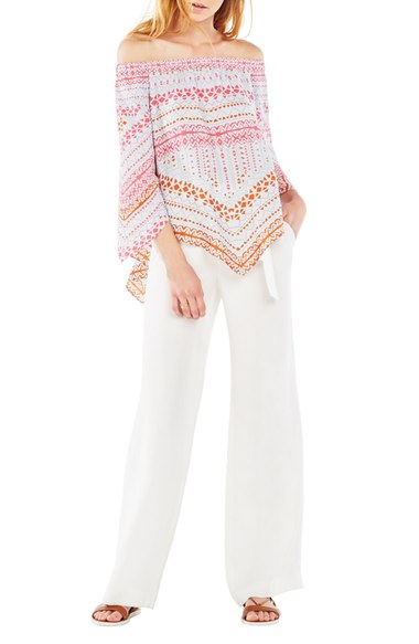 BCBGMAXAZRIA 'Octavia' Print Off the Shoulder Top Aquamist Combo casual off the shoulder tops for summer