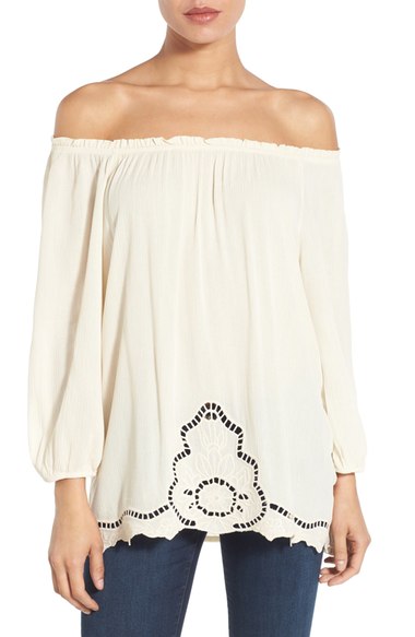 Bobeau Drop Stitch Embroidered Off the Shoulder Blouse Ivory casual off the shoulder tops for summer