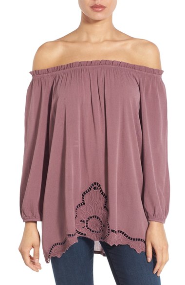 Bobeau Drop Stitch Embroidered Off the Shoulder Blouse Purple Shake casual off the shoulder tops for summer