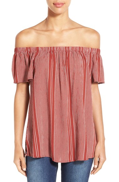 Bobeau Off the Shoulder Top Red Stripes casual off the shoulder tops for summer
