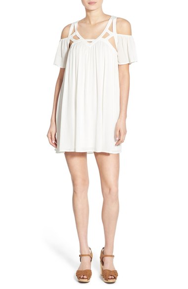 CREAM AND SUGAR Strappy Cold Shoulder Trapeze Dress White cutout dresses summer 2016