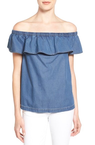 Chelsea28 Off the Shoulder Chambray Top Blue Refined Chambray casual off the shoulder tops for summer
