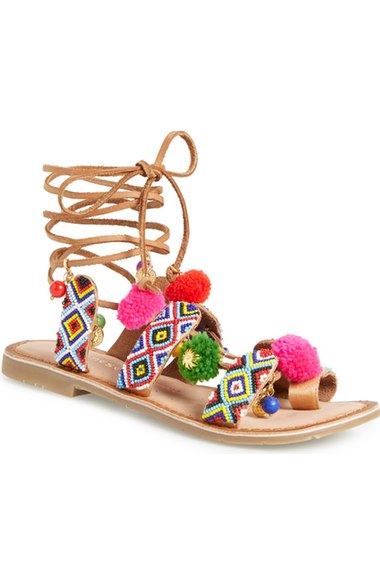 Chinese Laundry 'Posh' Embellished Lace-Up Sandal (Women) Cognac Leather Beads Pompom Accents lace-up flat sandals summer 2016