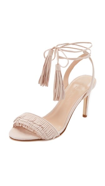Club Monaco Journie Fringe Sandals Tan summer fringe heeled sandals
