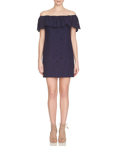Cynthia Steffe Off-the-Shoulder Cotton Eyelet Shift Dress Evening Navy Blue casual eyelet dresses summer
