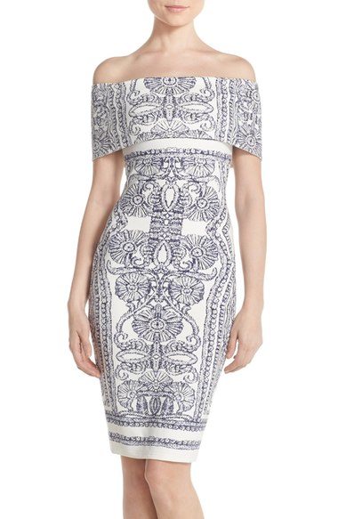 Elliatt 'Elements' Print Off the Shoulder Body-Con Dress Multi White off the shoulder wedding guest dresses