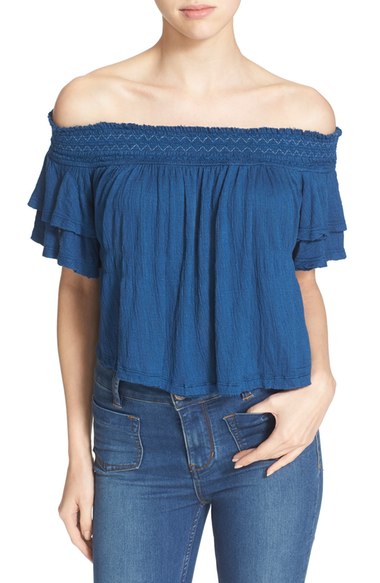 Free People 'Santorini' Off the Shoulder Top Sapphire Blue casual off the shoulder tops for summer