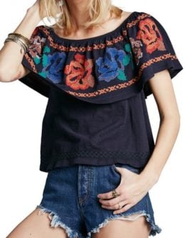 Free People 'To the Left' Embroidered Off the Shoulder Top Dark Blue casual off the shoulder tops for summer