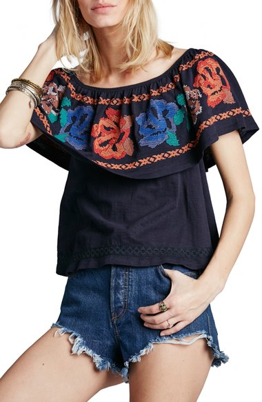 Free People 'To the Left' Embroidered Off the Shoulder Top Dark Blue casual off the shoulder tops for summer