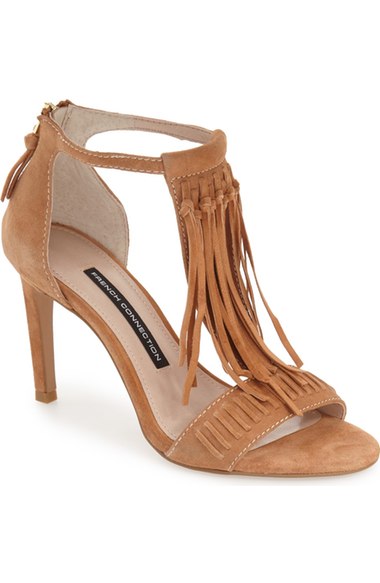 French Connection 'Lilyana' Fringe T-Strap Sandal (Women) Safari Sands Leather fringe heeled sandals summer wedding guest season
