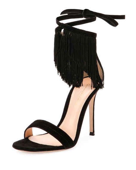 Gianvito Rossi Fringe Suede Ankle-Wrap Sandal Black fringe heeled sandals summer wedding guest season