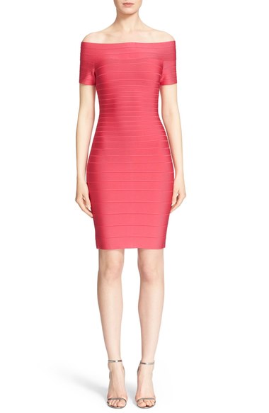 Herve Leger 'Carmen' Off the Shoulder Bandage Dress Bright Rose off the shoulder wedding guest dresses 