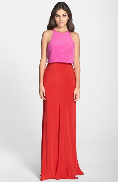 Jill Jill Stuart Colorblock Popover Crepe Gown Pink Bright Red popover dresses summer wedding guest dresses
