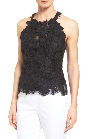 KOBI HALPERIN 'Evelyn' Sleeveless Embroidered Lace Blouse Black trendy halter tops