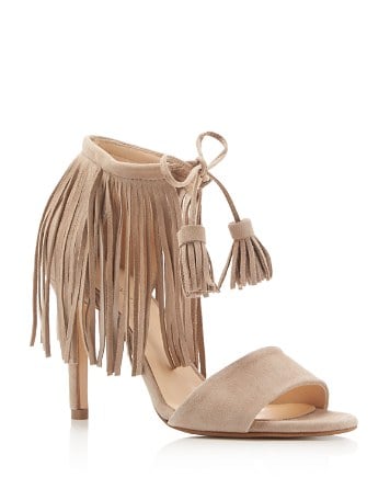 Kenneth Cole Mylah Fringe Lace Up High Heel Sandals Tortora fringe heeled sandals summer wedding guest season